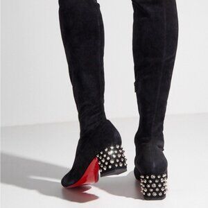 Christian Louboutin Black Over the Knee Boots Chunky Heel Metallic Studs